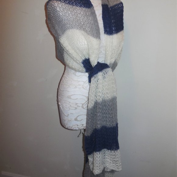 Scarf Knit Stripe White Blue Lurex Long winter - Picture 6 of 8